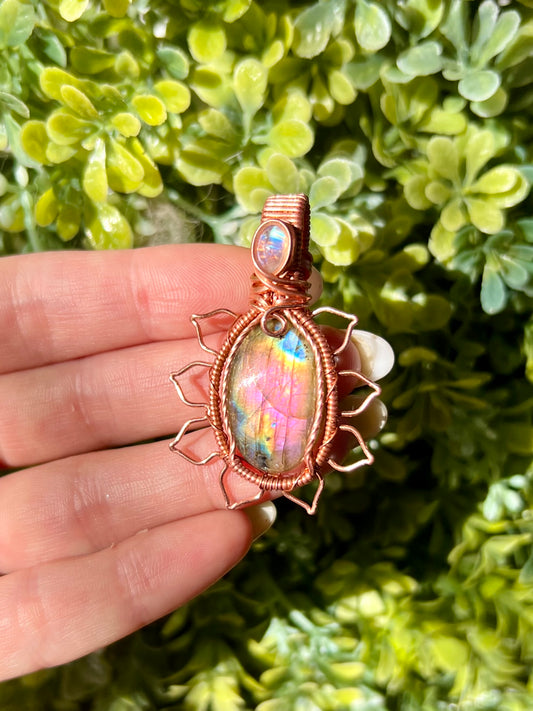 Pink Labradorite + Moonstone Sunflower Pendant