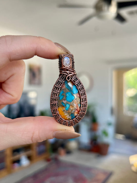 Spiny Oyster Turquoise & Moonstone Pendant