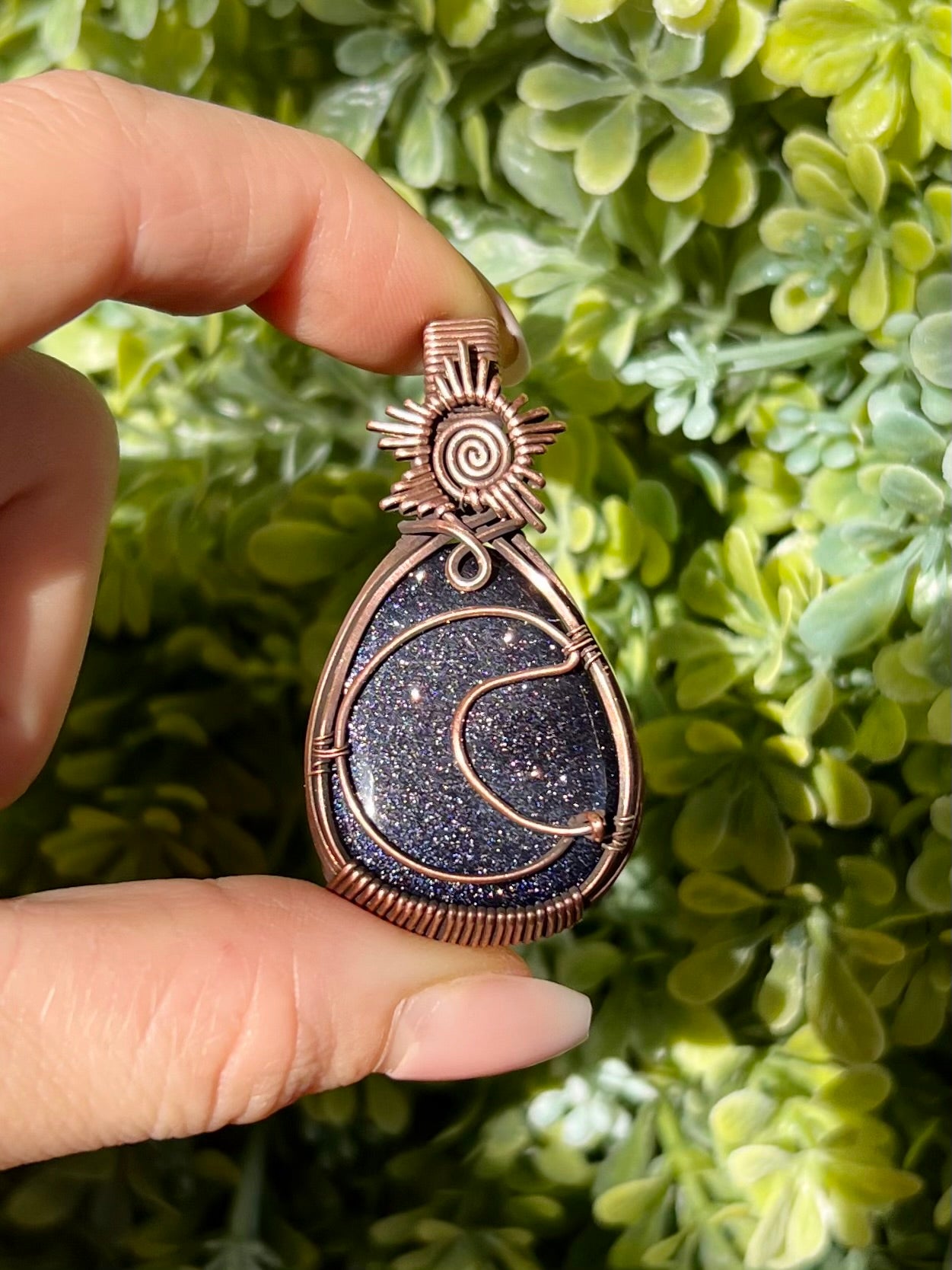 Blue Goldstone Pendant with Moon and Sunburst in Copper