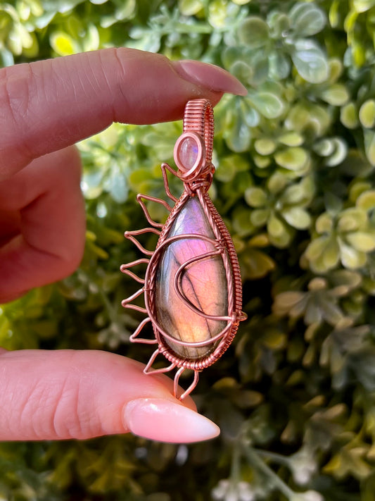 Pink and Yellow Rainbow Labradorite Pendant with Half Sun and Moon Design