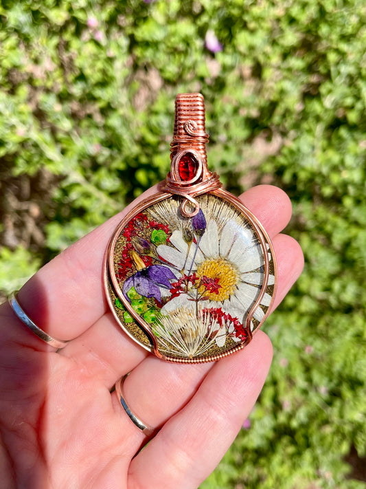 Enchanted Garden Garnet and Flower Resin Pendant