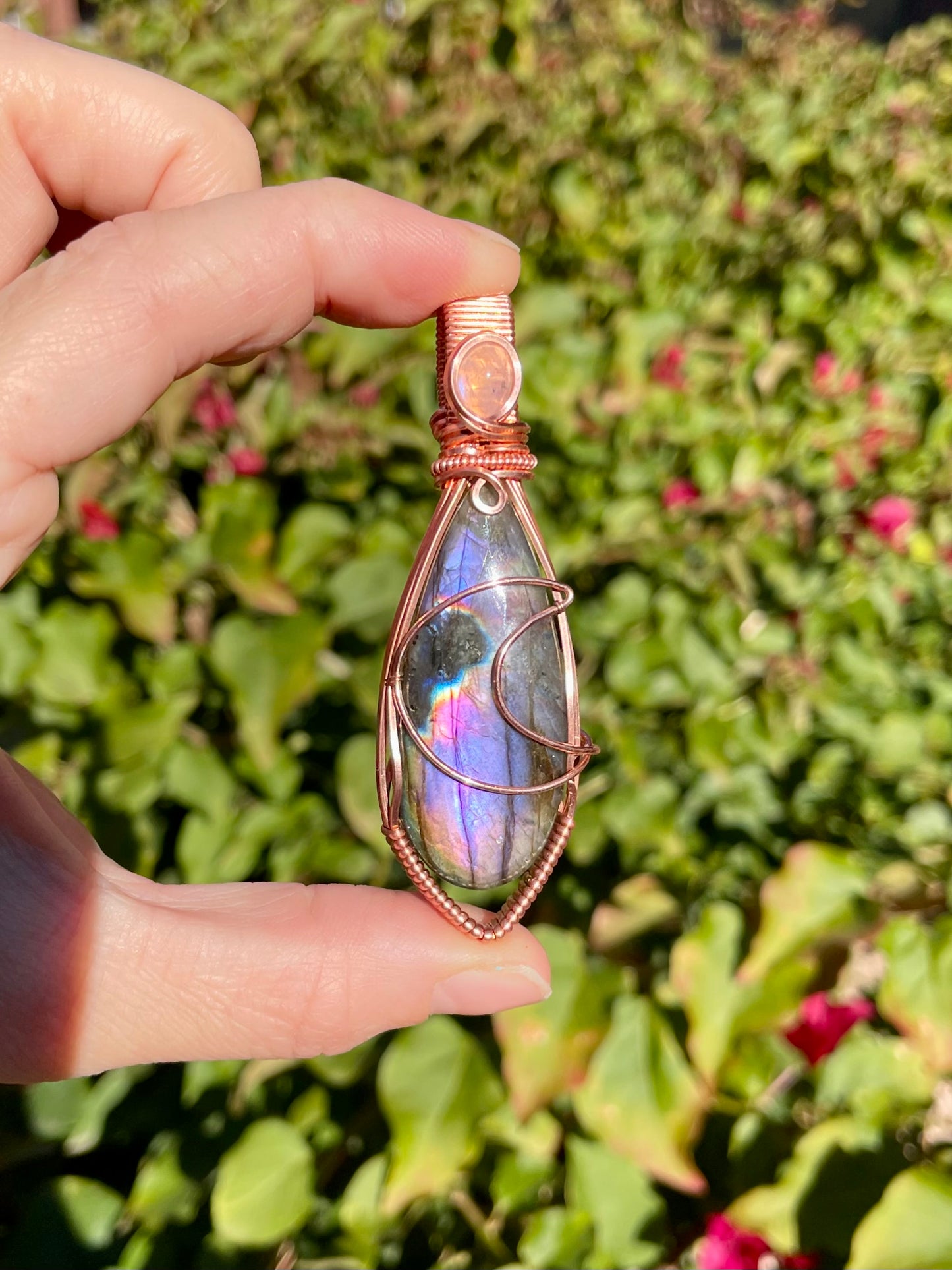 Purple Labradorite + Moonstone Moon Pendant