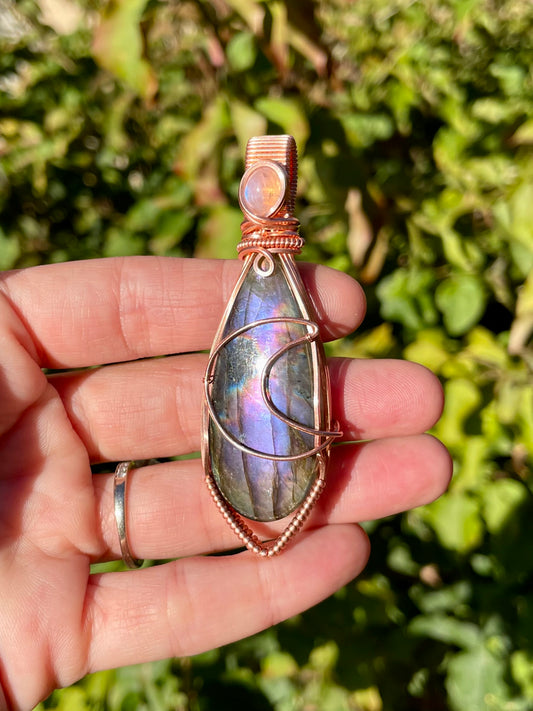 Purple Labradorite + Moonstone Moon Pendant