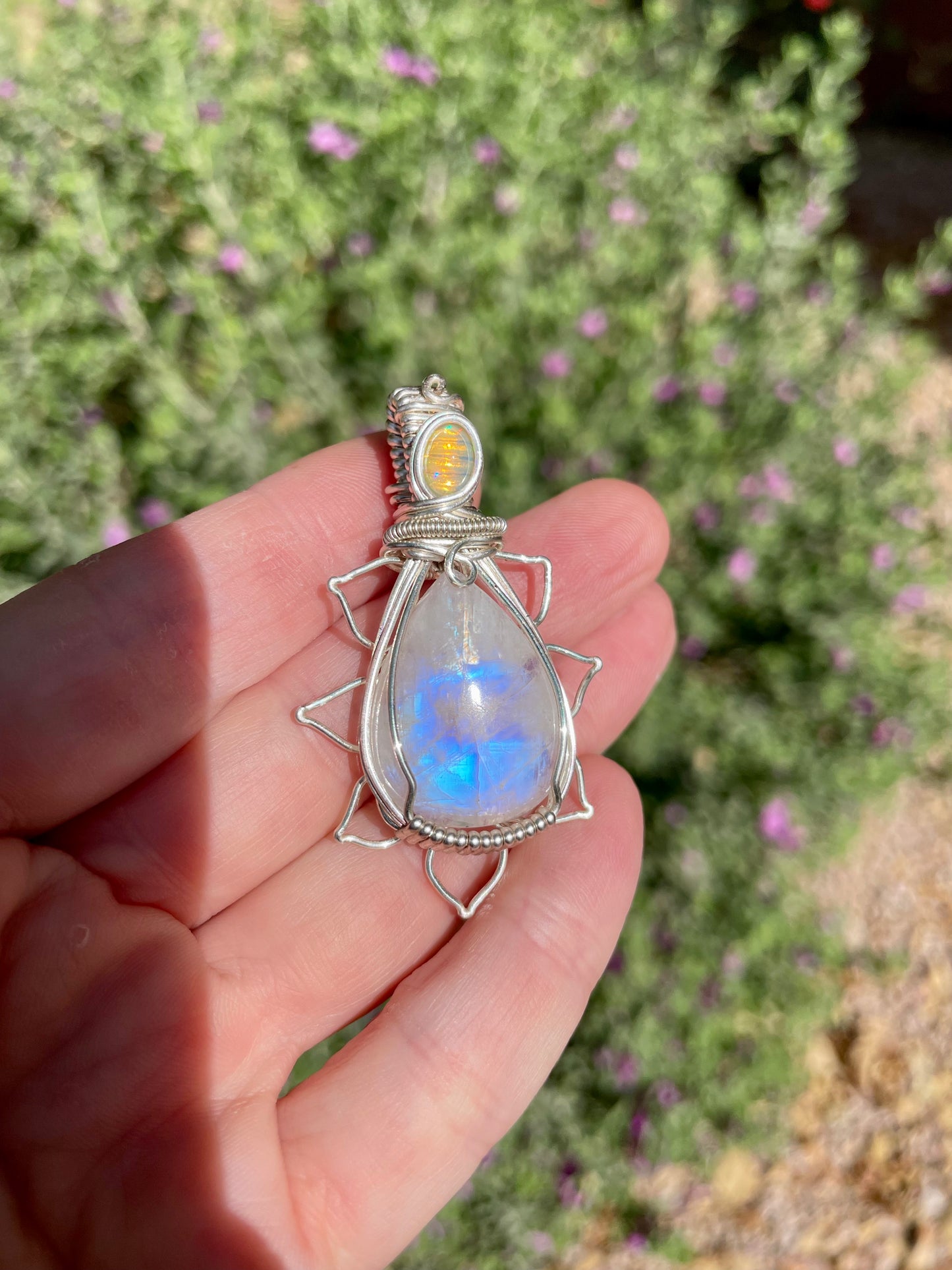 Moonstone + Opal Flower Pendant in Sterling Silver filled