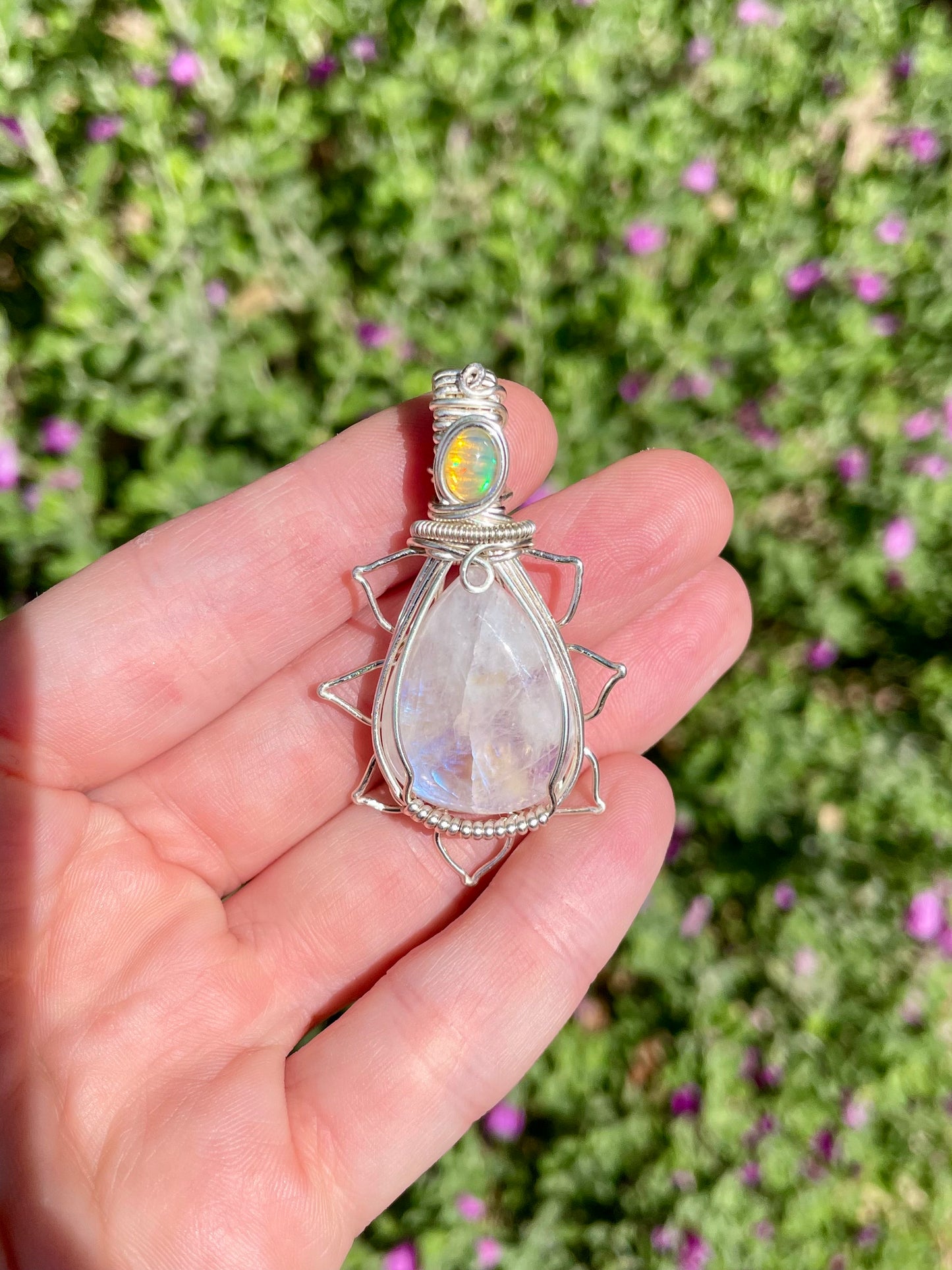 Moonstone + Opal Flower Pendant in Sterling Silver filled