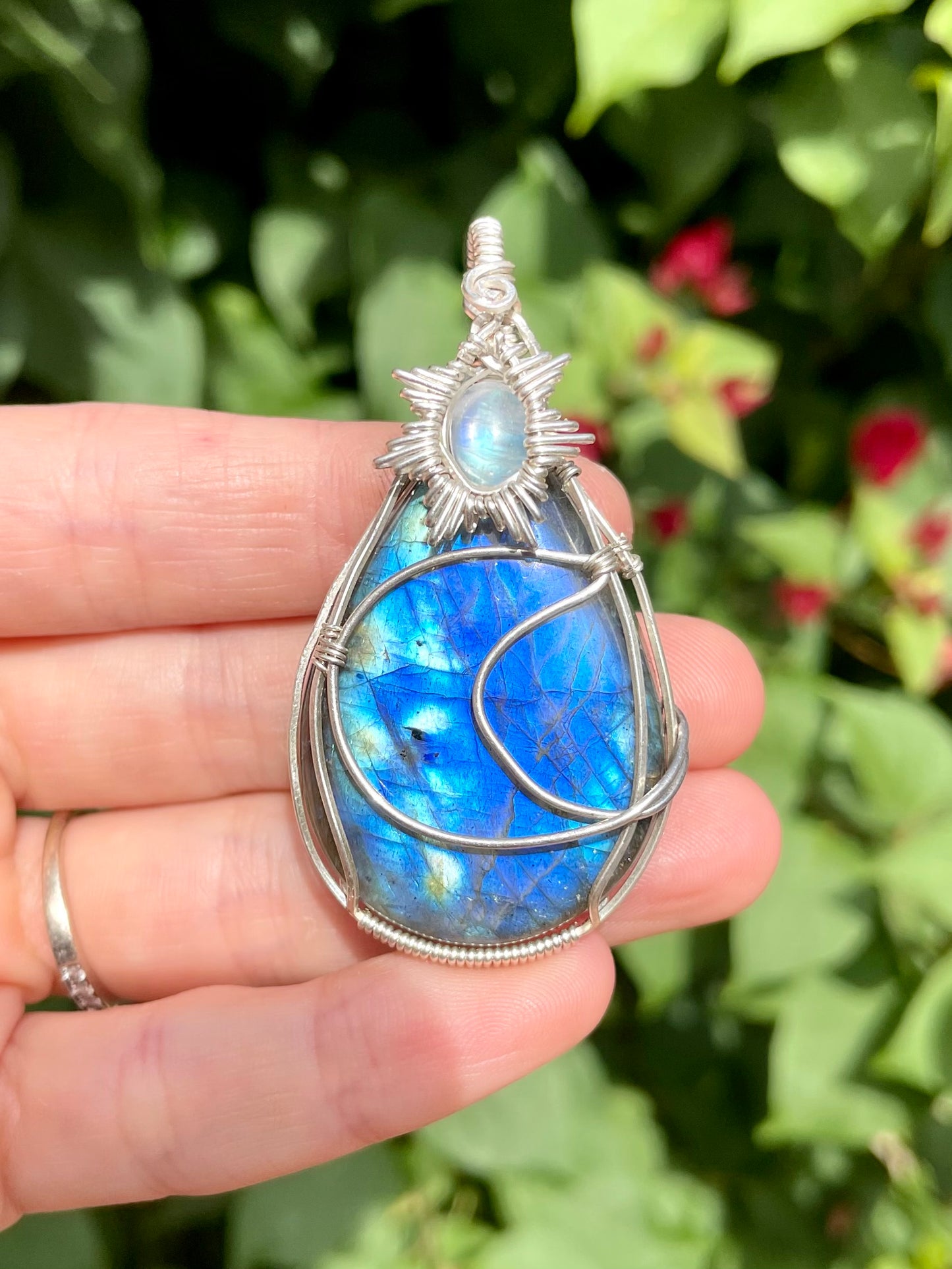 Labradorite + Moonstone Sunburst Pendant in Sterling silver filled