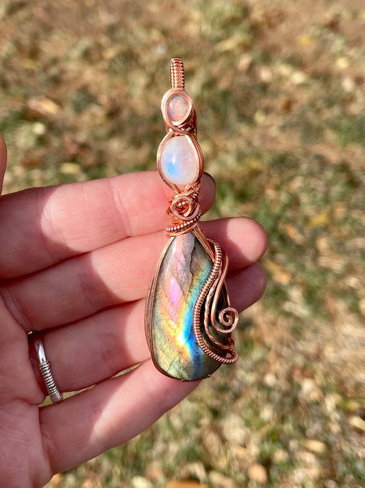 Triple Labradorite + Moonstone + Opal Pendant