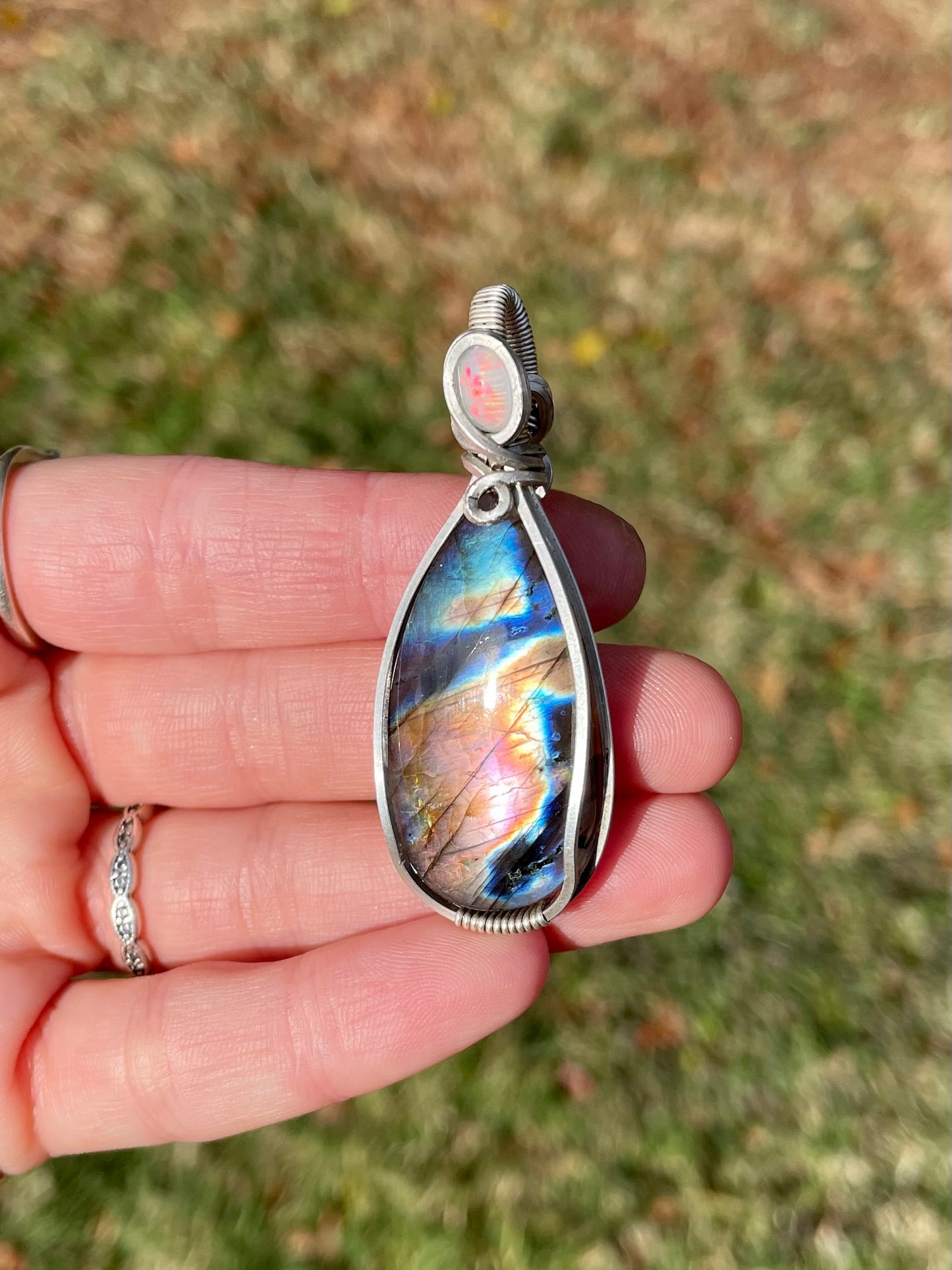 Labradorite + Opal Pendant in Sterling Silver filled