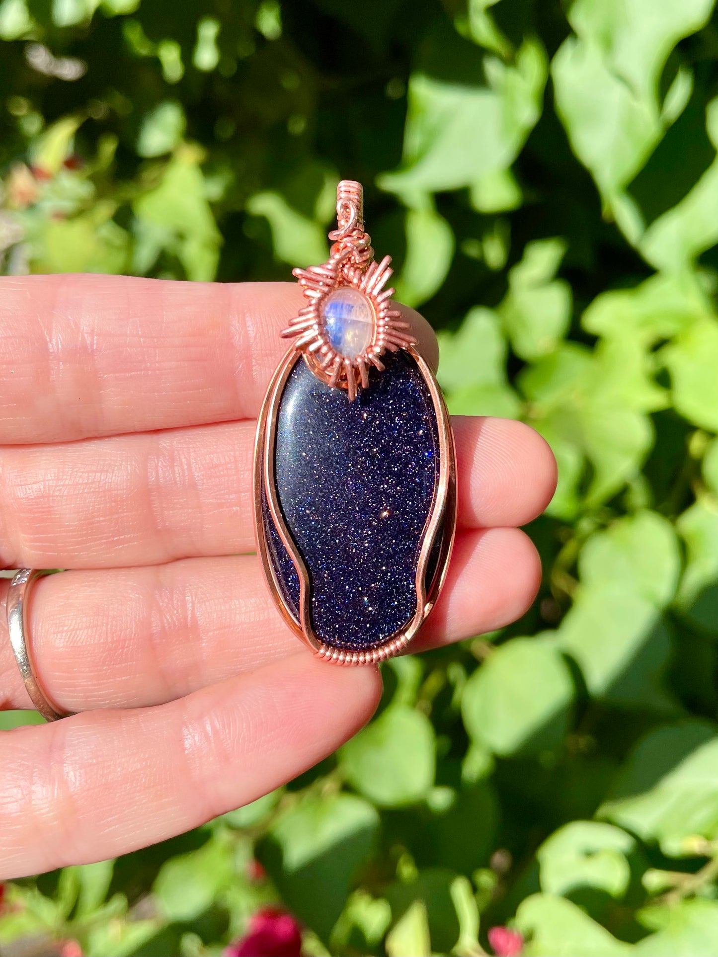 Blue Goldstone + Moonstone Sunburst Pendant