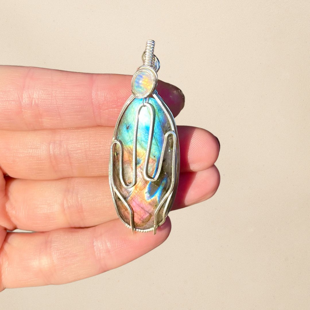 Labradorite + Opal Cactus Pendant in Sterling Silver