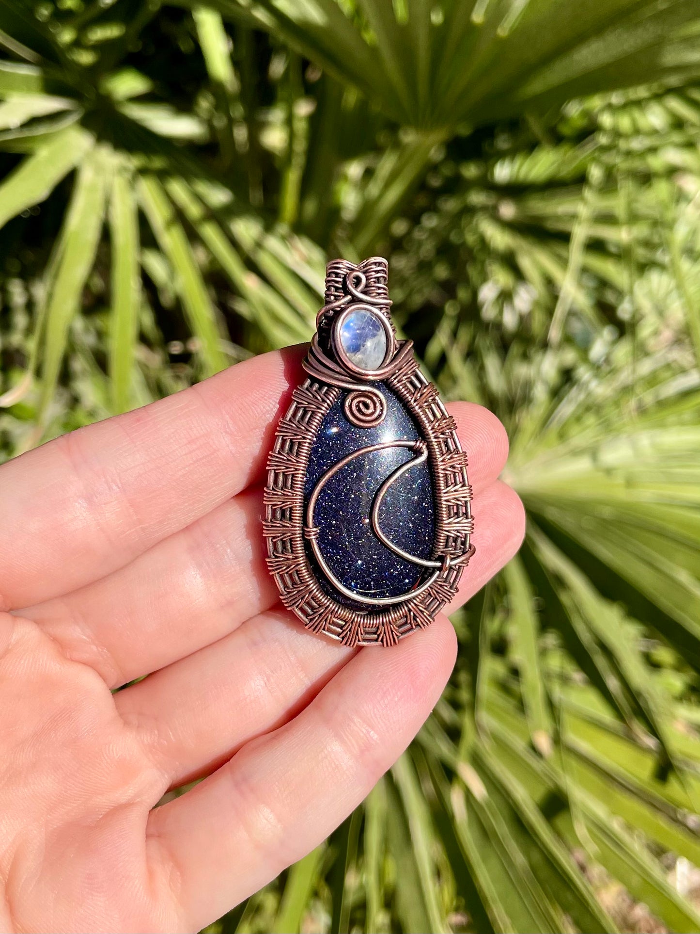 Blue Goldstone + Moonstone Pendant