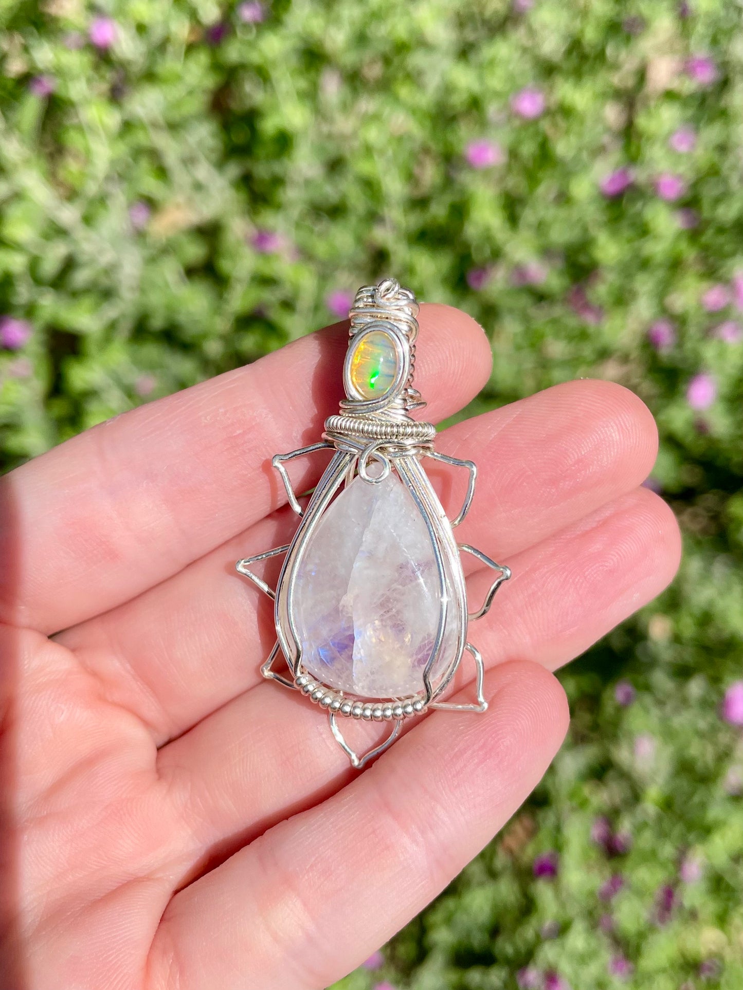 Moonstone + Opal Flower Pendant in Sterling Silver filled